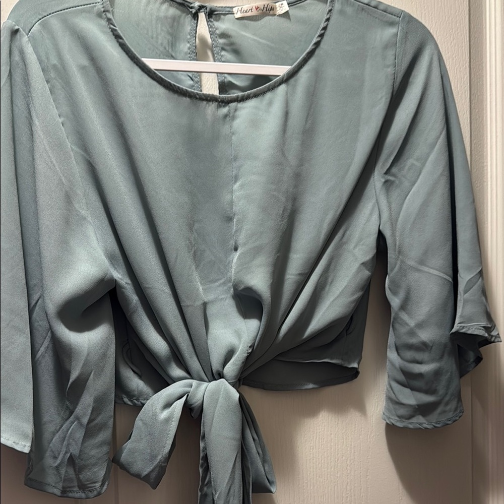 Women's Cropped Green Tie-Front Top